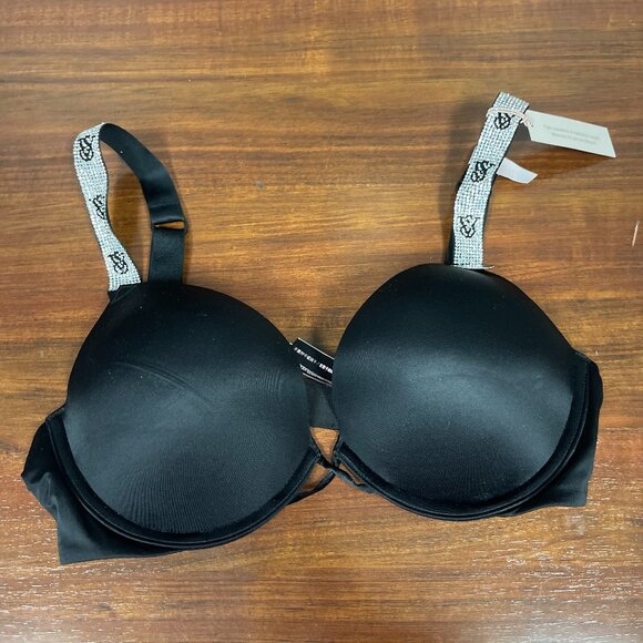 Victoria's Secret Bombshell Plunge Bedazzled Bra 34C Black w/ Bedazzle Straps - Picture 1 of 2
